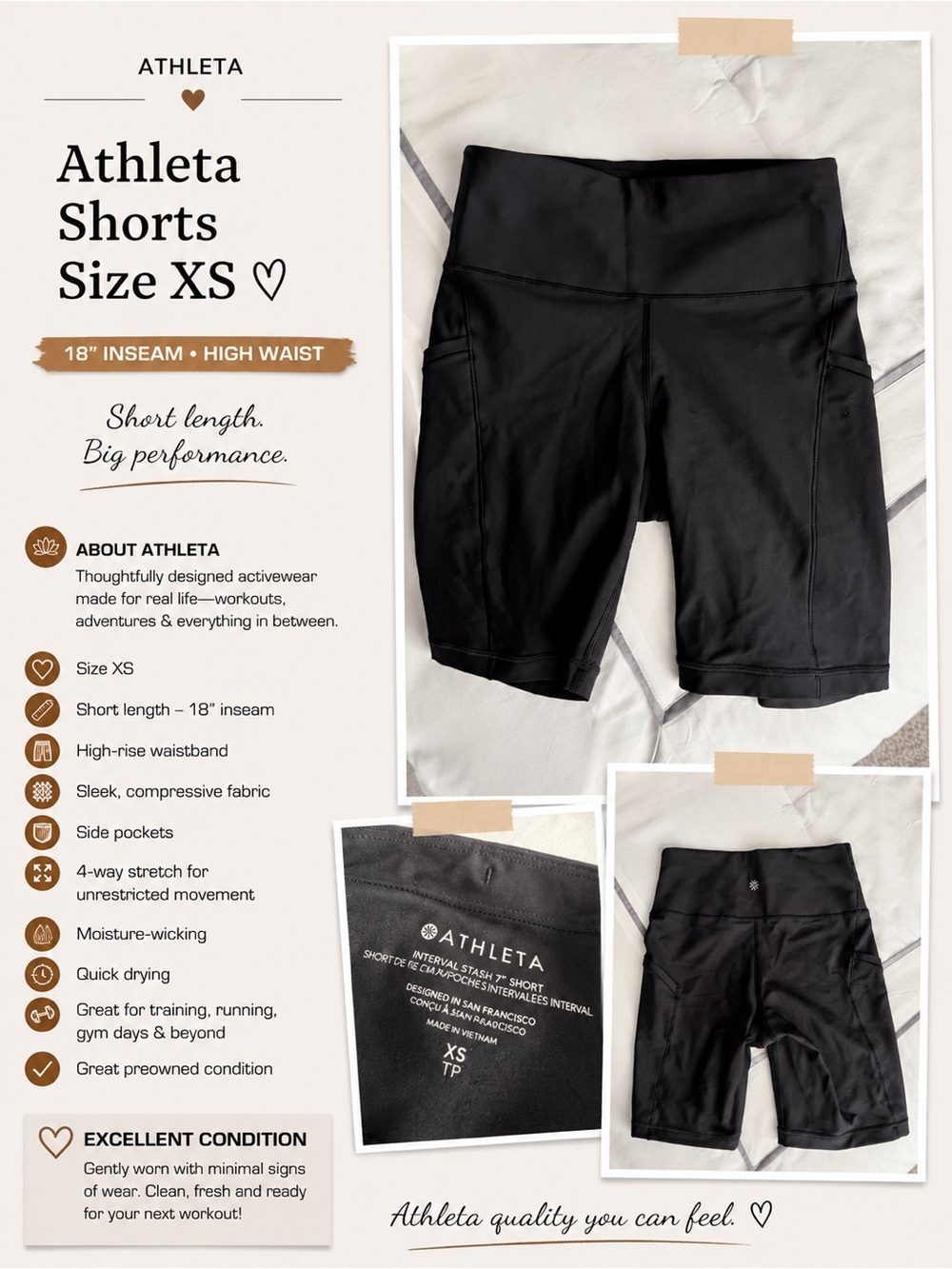 Athleta Interval Stash 7” Shorts Black | Size XS